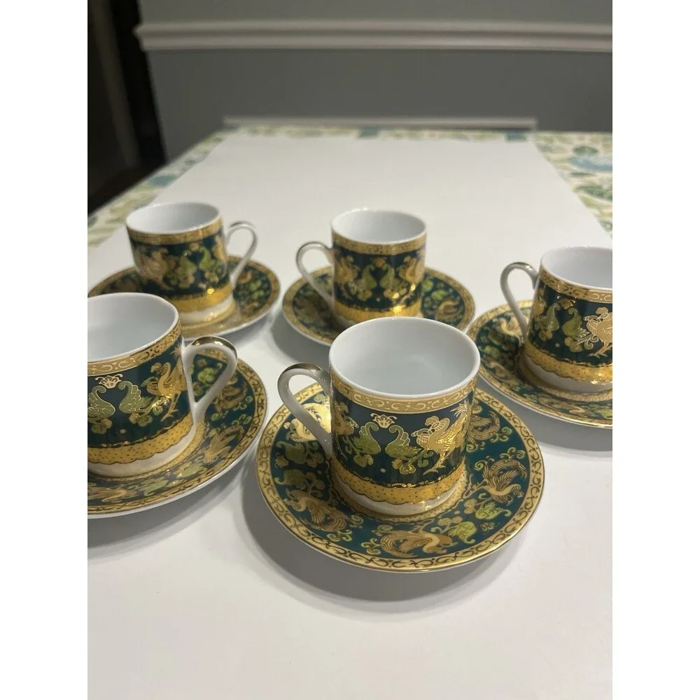 Italy Design Heavy Gold & Green Chicken Rooster Floral Demitasse Cup Saucer 10pc
